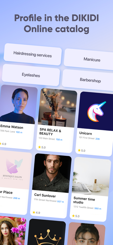 DIKIDI Appointments Scheduling - Schermata dell'app DIKIDI che mostra un catalogo di fornitori di servizi, inclusi parrucchieri e barbieri, per prenotazioni online
