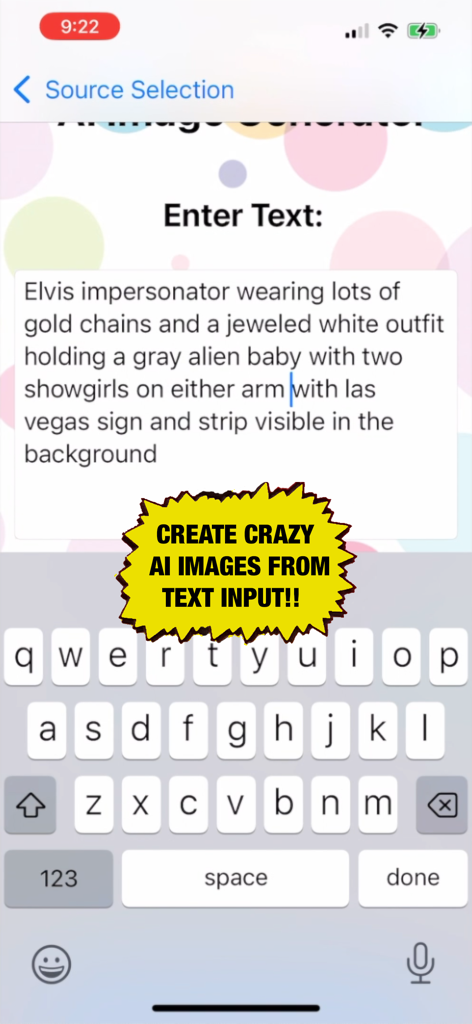 Pop Art Lite - Interface do aplicativo Pop Art Lite apresentando um Gerador de Imagens com IA com um campo de entrada de texto e teclado na tela