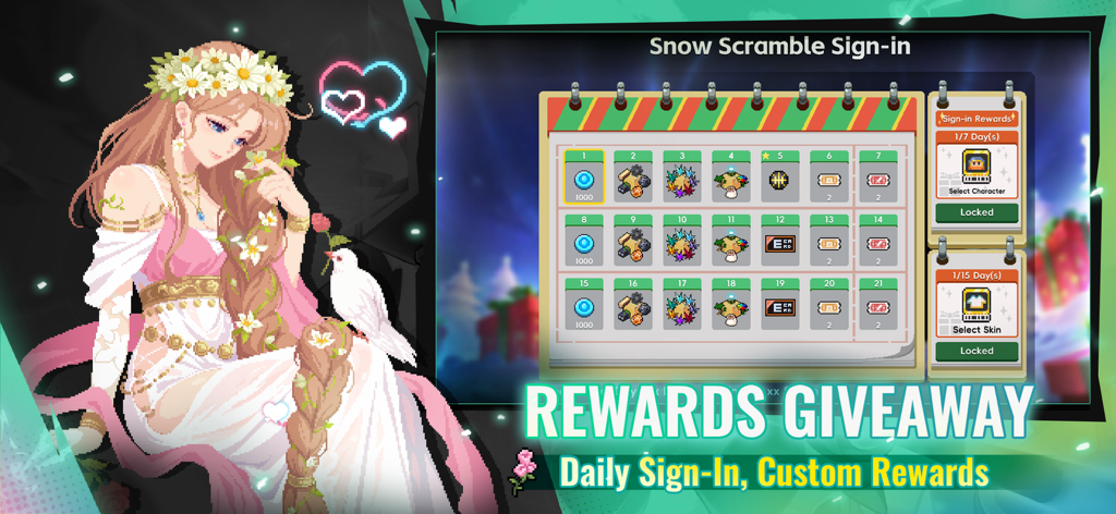Soul Knight daily sign in rewards menu showing the Snow Scramble event calendar