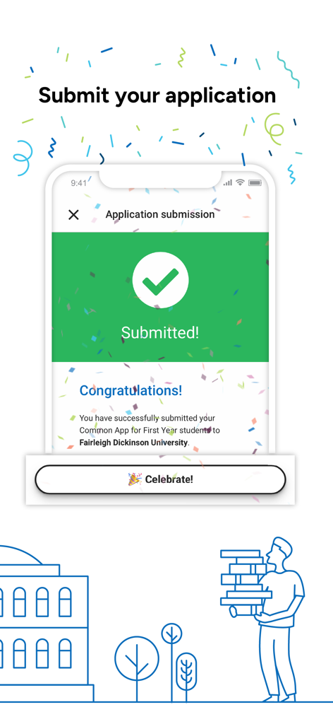 Common App - Common App mobile screen showing a successful college application submission confirmation with a celebrate button.