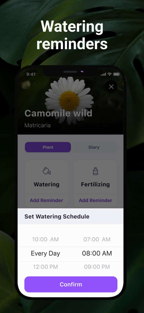 AI Plant Identifier・Care－Lily - Interface for setting a daily plant watering schedule in the Lily app
