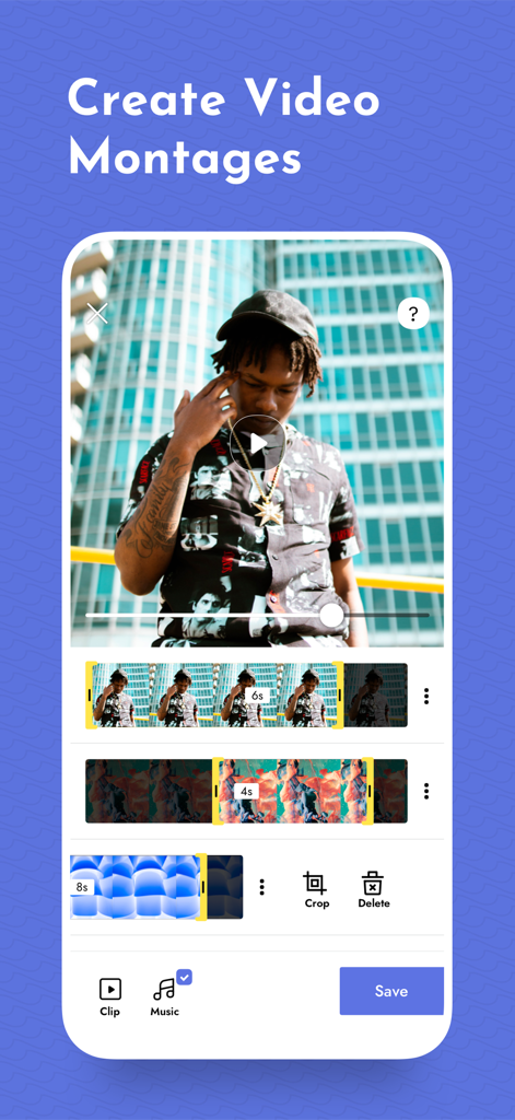 Mobile app interface showing a video editing timeline with multiple clips and tools for creating montages