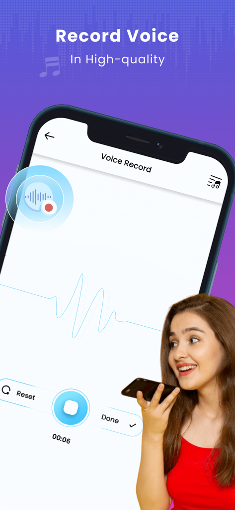 AI Voice Changer - Funny Prank - Smartphone screen showing the high quality voice recording feature with a waveform display