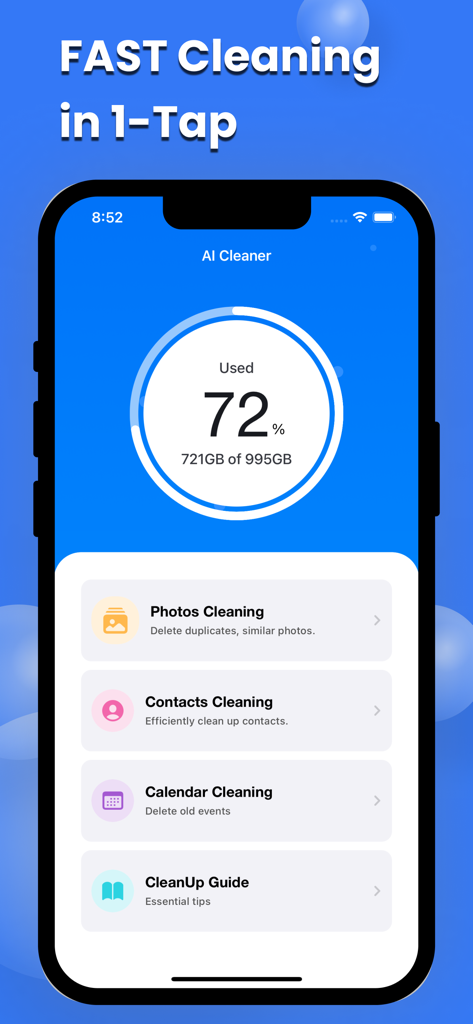 Phone Cleaner - Smart Clean Up - Phone Cleaner app interface on iPhone showing storage status and cleanup options for photos and contacts