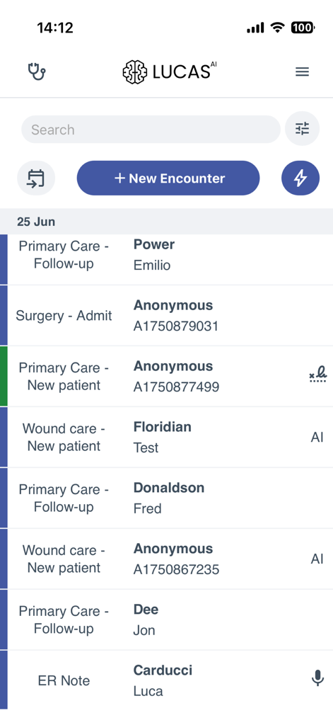 LucasAI - A list of patient encounters in the LucasAI app showing various medical specialties and visit types.