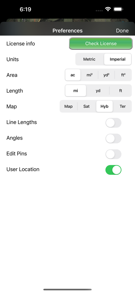 Land Measure Pro app preferences screen showing unit and map settings.