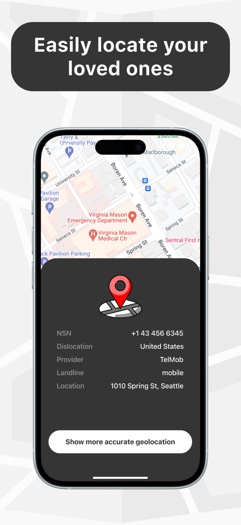 Phone Tracker - GPS Location. - 시애틀 지도와 휴대폰 번호에 대한 특정 위치 데이터를 표시하는 Phone Tracker 앱을 보여주는 iPhone 화면