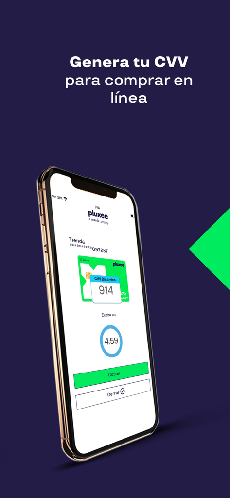 Schermata dell'app Pluxee che mostra un CVV dinamico per acquisti online sicuri.