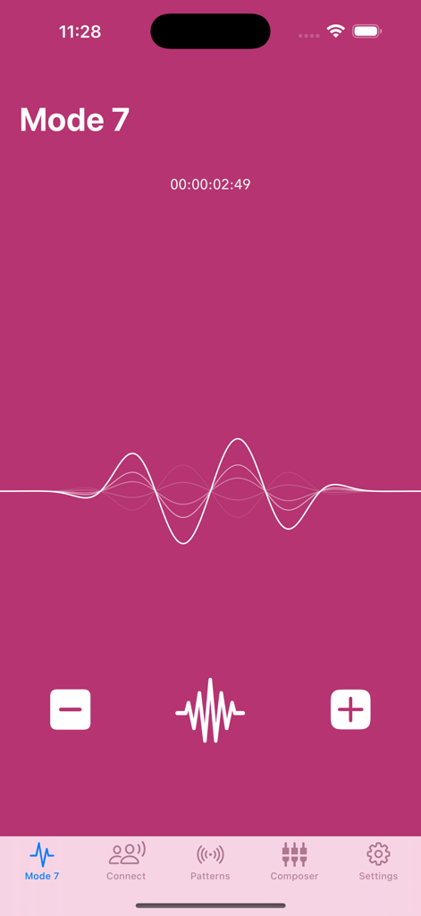 VibraTool - Vibrator Too‪l‬ - Interface of the VibraTool app showing Mode 7 with a white haptic wave visualization on a pink background.