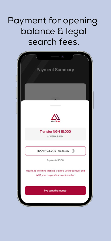 ALAT FOR BUSINESS - ALAT for Business app interface showing a payment summary for an NGN 18,000 transfer to Wema Bank.