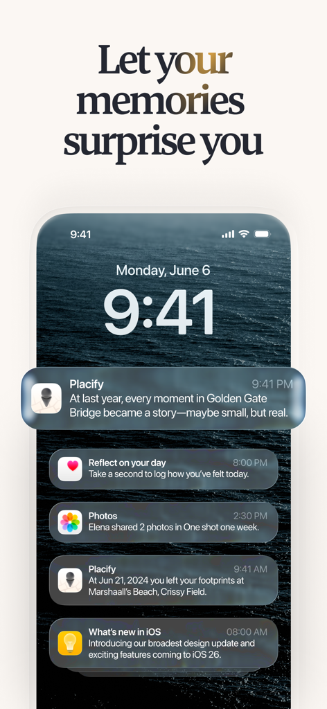 Placify - Map & Trip Planner - iPhone lock screen showing Placify app notifications for travel memory reminders and past trip locations