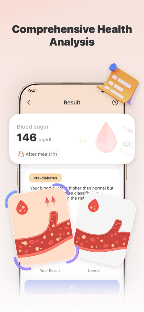 A health app screen showing a blood sugar result of 146 mg per dL labeled as pre-diabetes with a visual comparison of glucose in blood vessels.