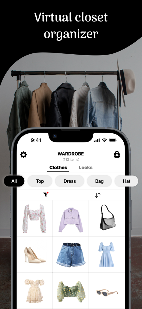 My Wardrobe - Outfit Closet - iPhone exibindo a interface do aplicativo Meu Guarda-Roupa com uma grade de itens de vestuário digitalizados e categorias