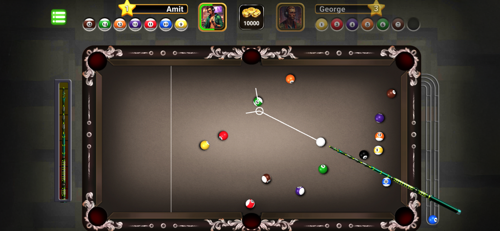 Pool Masters Pro - Multiplayer - Vista dall'alto di una partita a biliardo multiplayer in Pool Masters Pro con una stecca che mira alla palla bianca