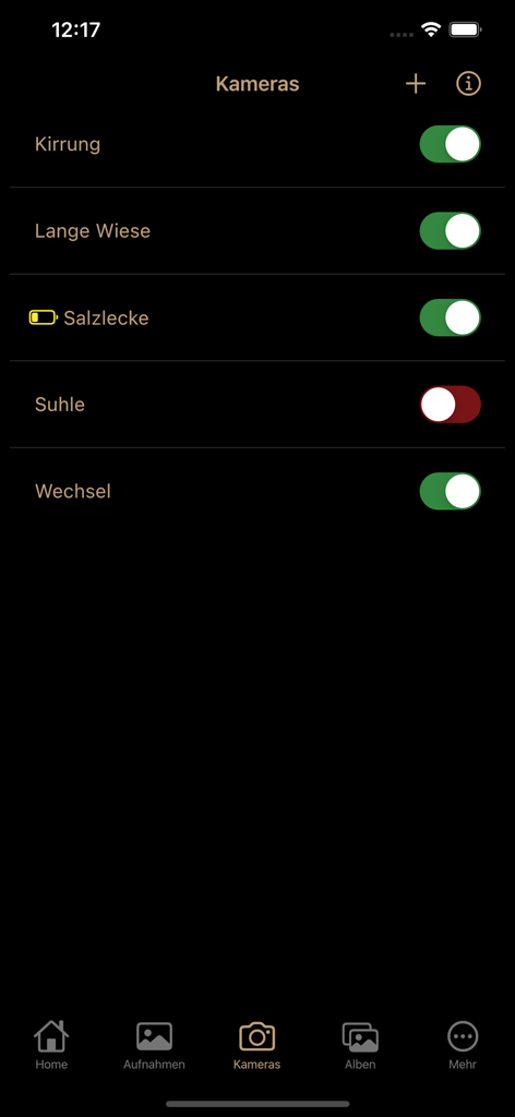 SUPERSIM - User interface of the SUPERSIM app displaying a list of connected trail cameras with management toggles.