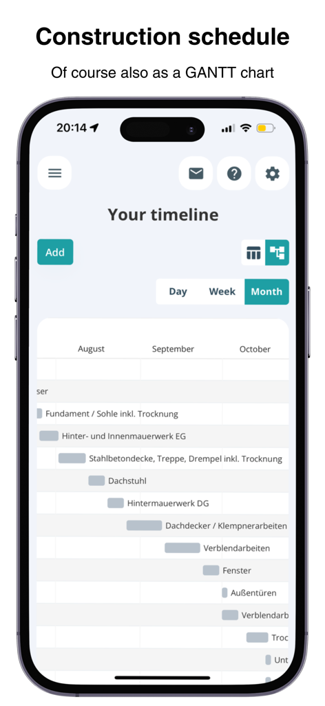 POCASIO House Building Manager - POCASIO app interface displaying a construction project timeline in a GANTT chart format