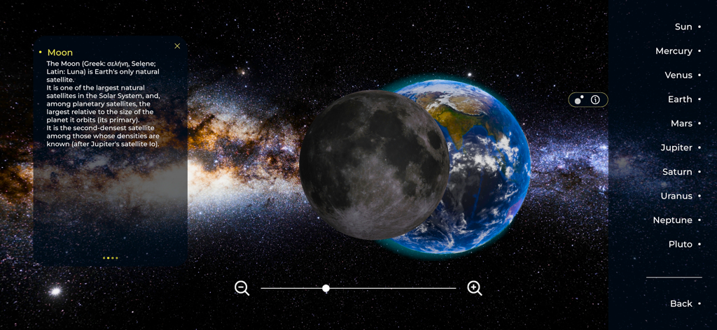 Solar System Planets: 3D Space - A 3D interactive view of the Moon and Earth with an educational information panel in the Solar System Planets app.