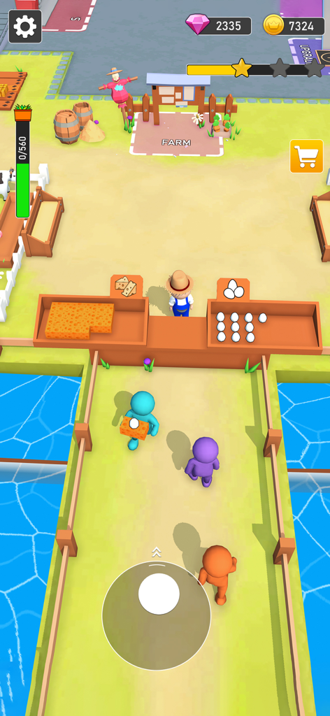 A colorful 3D mobile farm game market where players sell eggs and cheese