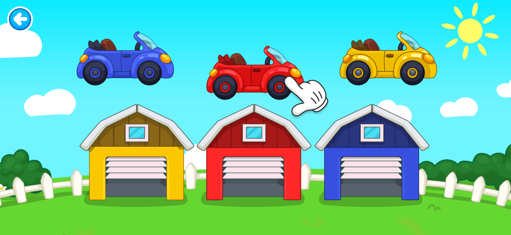 Kids Logic Quest - Educational game screen where children match blue, red, and yellow cars with their corresponding colored garages