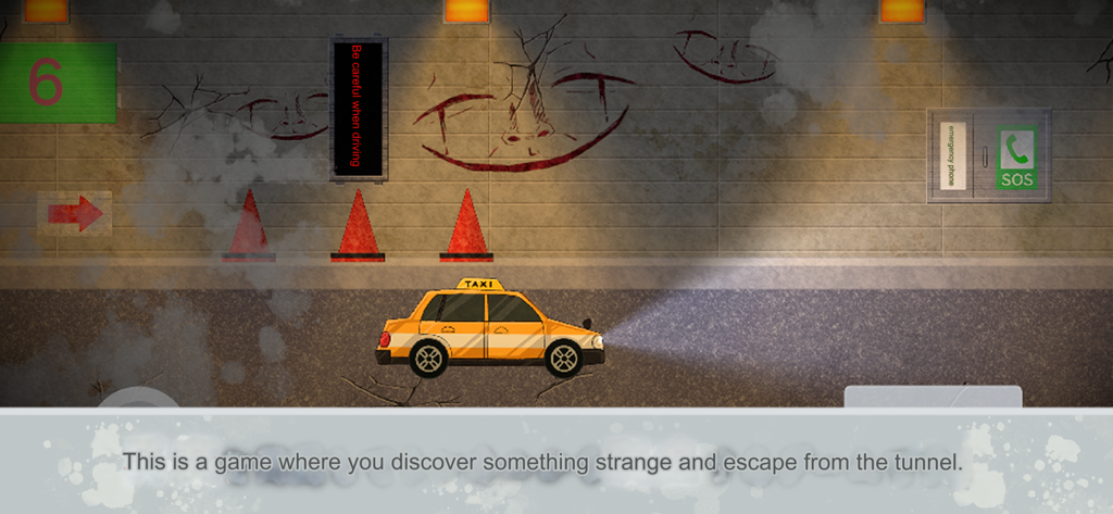 The Endless Tunnel - A taxi driving through an eerie tunnel with creepy wall art in The Endless Tunnel game.