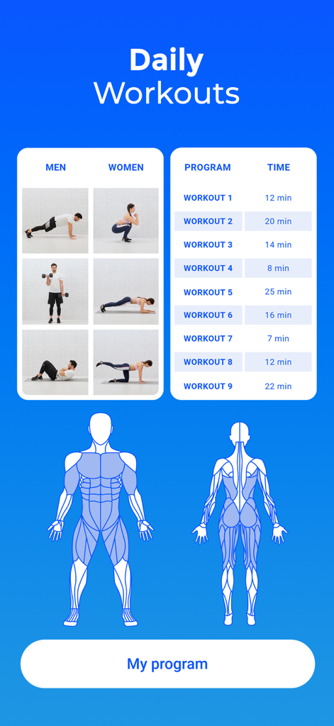FizzUp - Workouts & Nutrition - FizzUp app daily workouts interface showing exercises and muscle groups