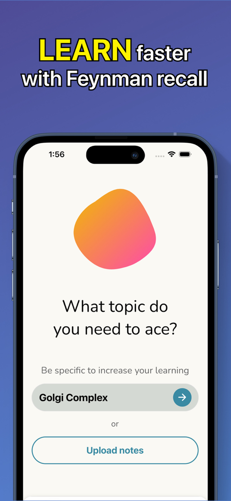Yolk AI: Einstein AI Method - Yolk AI app interface displaying the Feynman recall learning method and a topic search for Golgi Complex