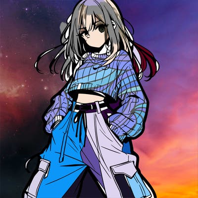 anime teen girl with baggy pants and crop top with sweater