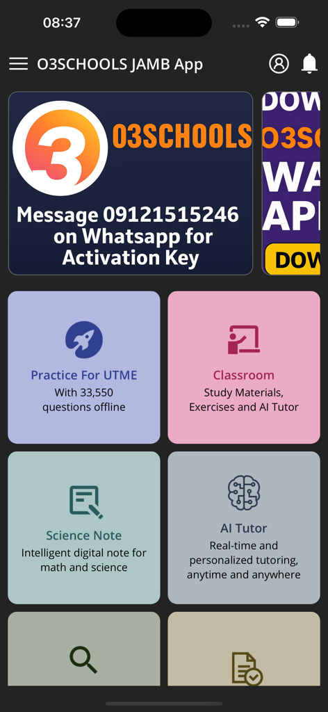O3SCHOOLS JAMB APP - Panel de la aplicación O3SCHOOLS JAMB que muestra preguntas de práctica UTME, aula virtual e íconos de tutor de IA