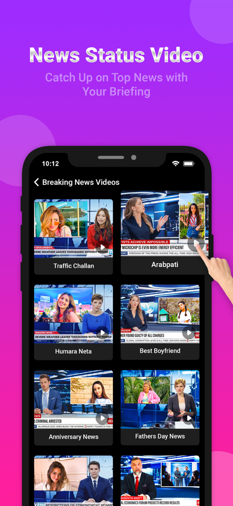 Breaking News Video Maker - Interfaz de la aplicación Breaking News Video Maker mostrando varias plantillas de vídeo de reportajes para redes sociales.