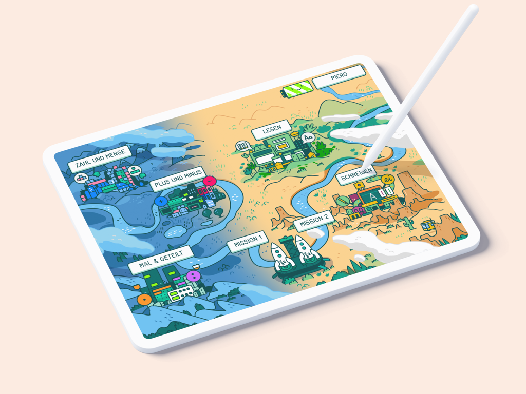 An iPad showing the Appolino app with a colorful illustrated map of educational math and reading modules