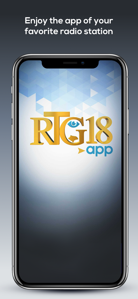 Radio Tele Ginen - Radio Tele Ginen RTG 18 mobile app introductory screen featuring the station logo