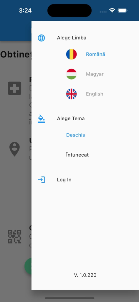 Apartinator.ro - Side menu of the Apartinator app showing language selection with flags and theme settings for light or dark mode
