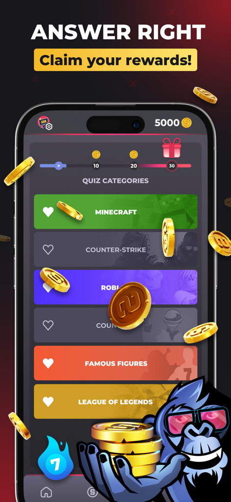 Captura de pantalla móvil de las categorías de concursos de gaming y monedas de recompensa de SkinApe