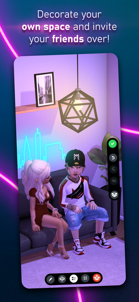 Dos avatares sentados en una sala virtual decorada a medida en Club Cooee.