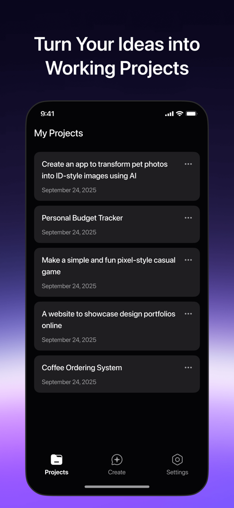 Lumi: vibe coding app - The My Projects screen in the Lumi app displaying a list of AI-generated applications like a budget tracker and a game.