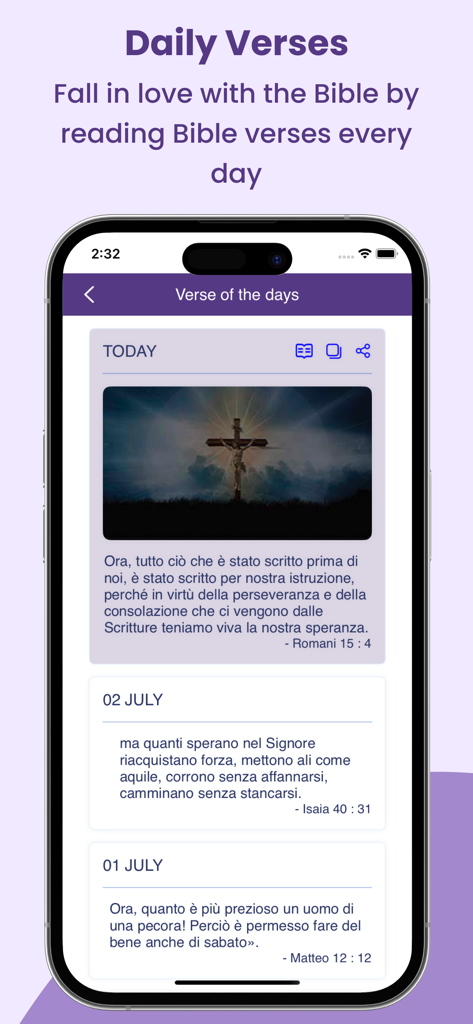 La pantalla de versos diarios de la aplicación Biblia Italiana con escrituras en italiano.