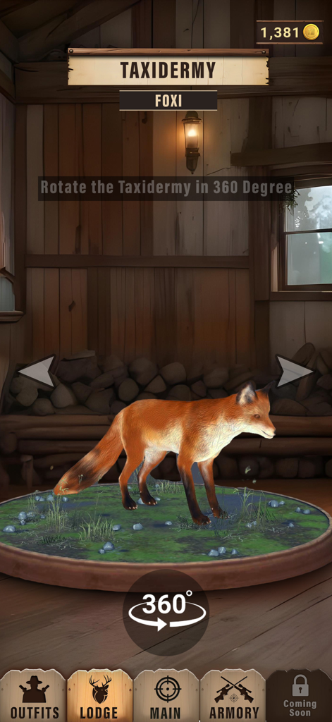 Animal Shooter: Wild Hunt - Uma tela de taxidermia no jogo Animal Shooter Wild Hunt mostrando um troféu de raposa em uma plataforma giratória de 360 graus.