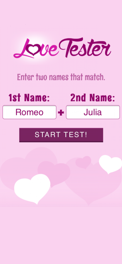 Interface do aplicativo Love Tester com campos de entrada de nome para Romeu e Julieta em um fundo temático de coração rosa.