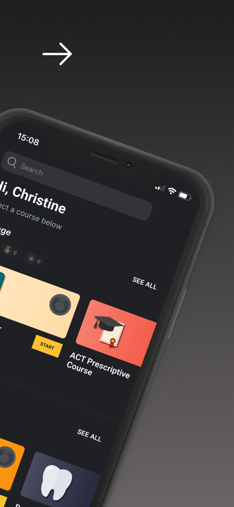 Interface do aplicativo March2Success mostrando um painel de aluno personalizado com opções de cursos ACT e de saúde.