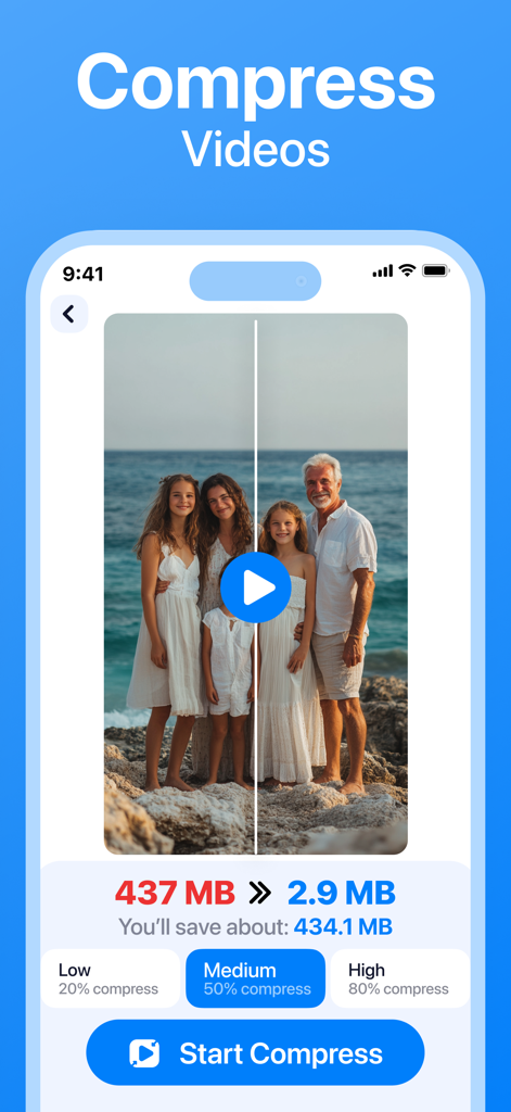 Interfaz de la aplicación Cleanup mostrando la herramienta de compresión de video que reduce el tamaño del archivo para ahorrar espacio.