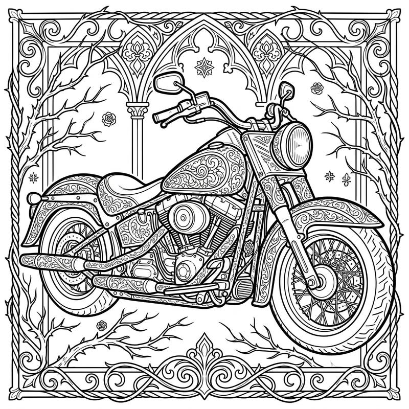 Discover a truly unique coloring experience with this intricate Gothic cruiser motorcycle. Adorned with ornate patterns and set against a dramatic backdrop, it's perfect for adult colorists seeking a dark, elegant challenge.