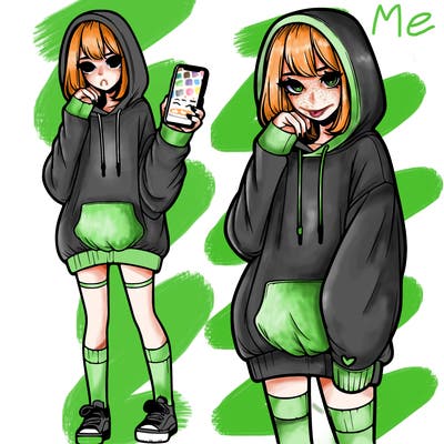 realistic girl who looks tired and is wearing an oversized hoodie and knee high socks and is holding a phone