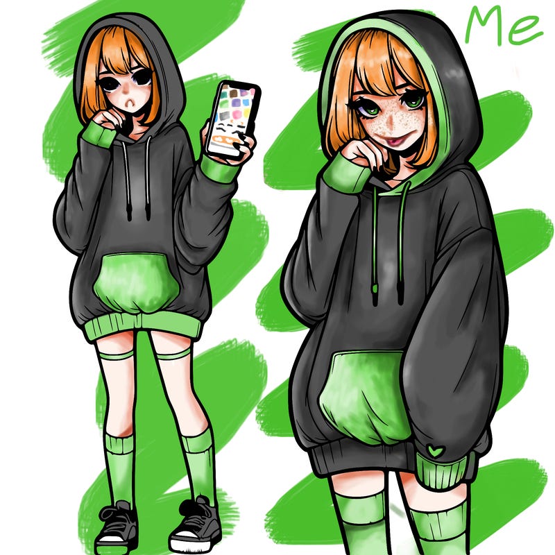 realistic girl who looks tired and is wearing an oversized hoodie and knee high socks and is holding a phone