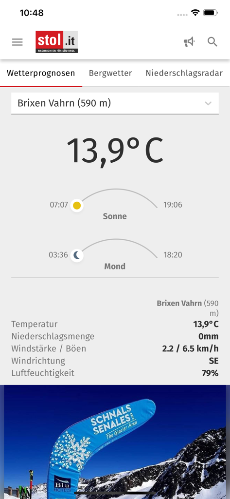 stol.it - Previsioni meteo locali per Bressanone Varna nell'app stol.it che mostrano temperatura e umidità.