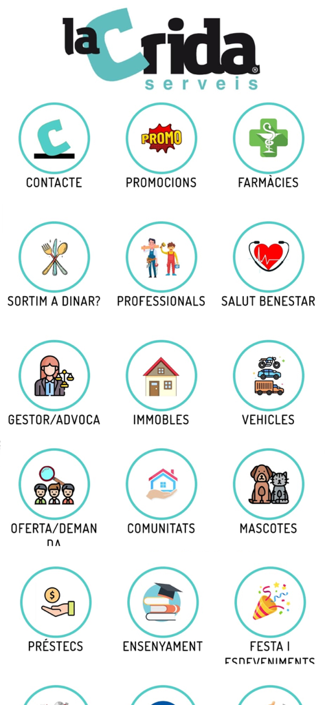 Menu principale dell'app LA CRIDA SERVEIS che mostra icone per servizi locali come farmacie, ristoranti e assistenza professionale