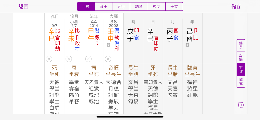 Professional Bazi astrology chart screen showing Chinese metaphysical calculations