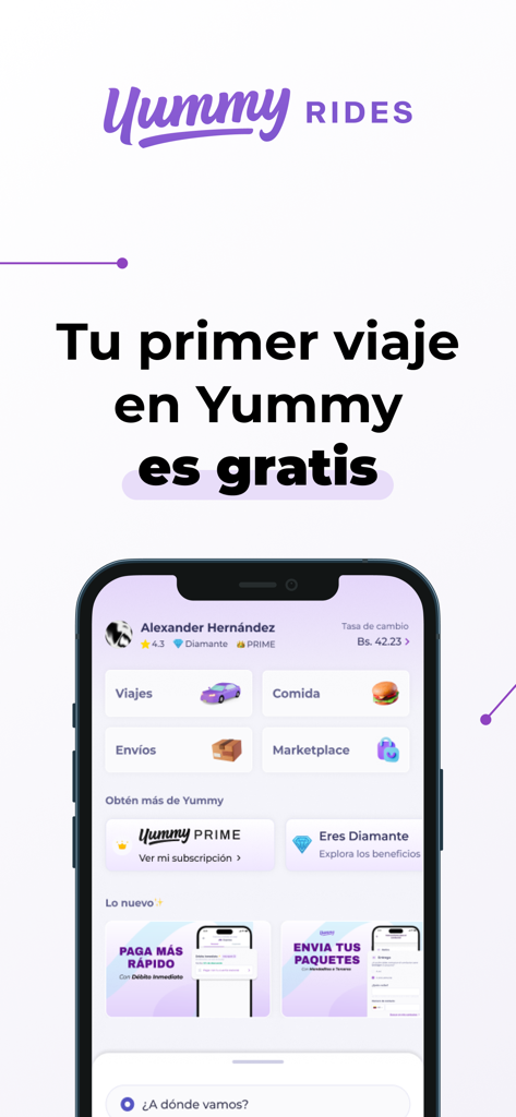 Yummy Rides 앱 홈 화면, 이동, 음식 및 배달 서비스 표시