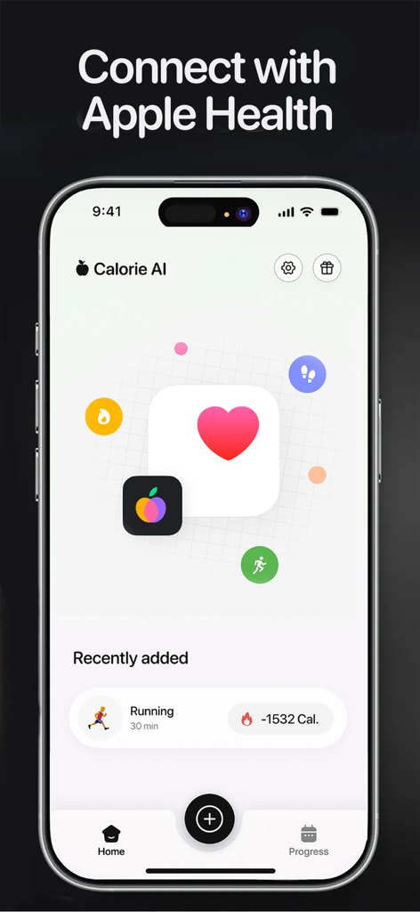 Calorie AI - Food Scan - Apple Healthとの統合と記録されたワークアウトデータを示すCalorie AIアプリのインターフェース。