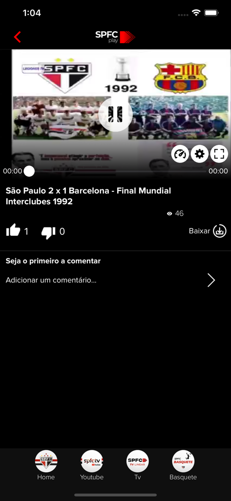 SPFC Play - SPFC Play app interface showing a video of the 1992 Intercontinental Cup final match between Sao Paulo and Barcelona