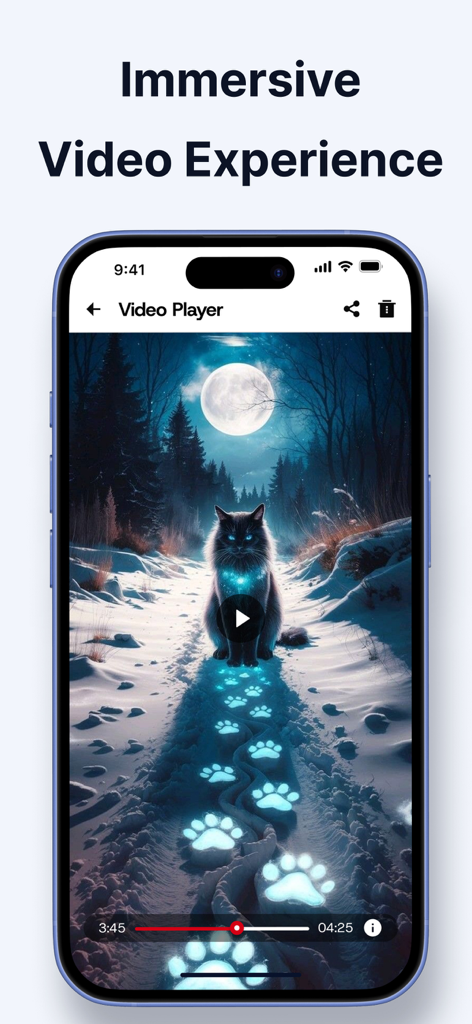 Y2Mate Downloader - Interfaz del reproductor de video de la aplicación Y2Mate Downloader que muestra un gato en un paisaje nocturno nevado.